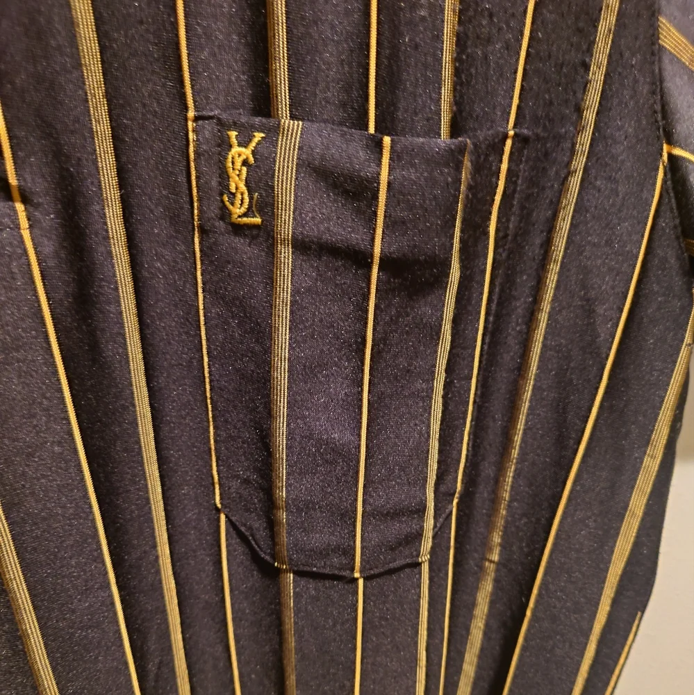 Yves Saint Laurent Silk Navy Blue and Gold Striped Polo - Picture 2 of 6
